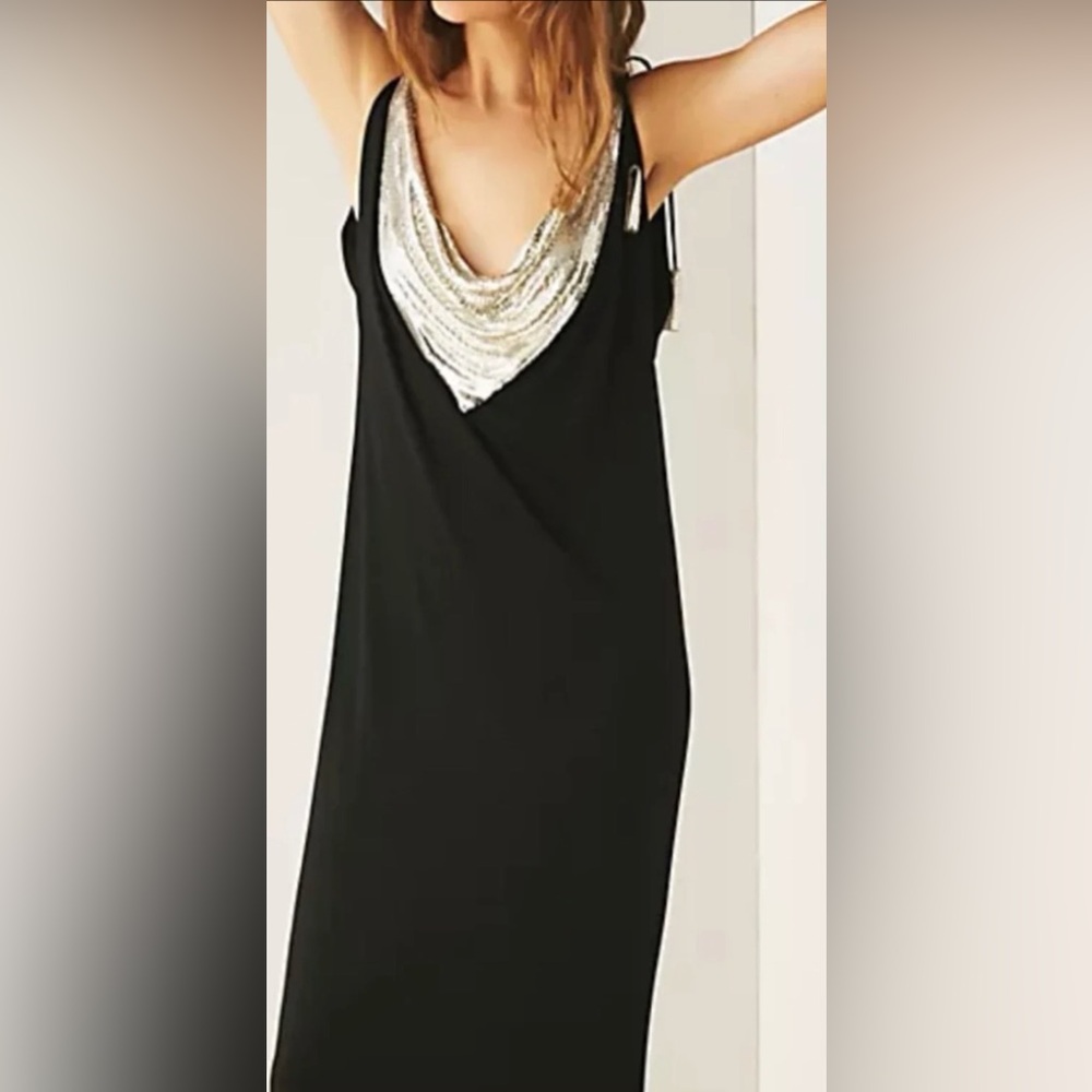 Jones NY Black Slip Evening Dress with Metallic Silver Cowl Neck in size 6